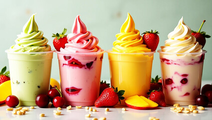 Five colorful ice cream scoops, surrounded by fresh fruits, nuts