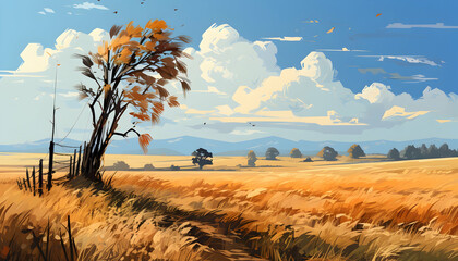 Golden Field with Solitary Tree Under Cloudy Blue Sky in Autumn Pixel Art Landscape