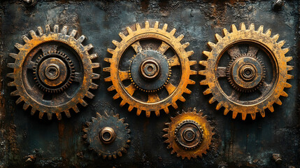 Golden Gears in Dark Metal Close Up View of Interlocking Cogwheels and Rusty Industrial Machinery in Intricate Detail