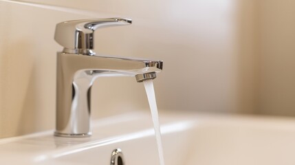 A sleek chrome faucet with water flowing into a white sink.