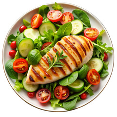 Fresh grilled chicken with a salad and tomatoes on transparent background
