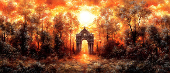 Golden Sunset Illuminating Forest Gateway with Stone Arch and Pathway Through Trees Creating a Warm and Serene Vista