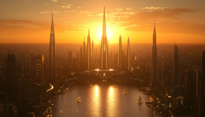 Golden Sunset Over Futuristic Cityscape with Tall Skyscrapers Reflecting in Calm River Water Under a Glowing Skyline