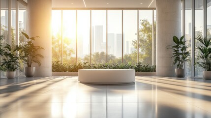 Empty podium in a corporate office, with sunlight streaming through large windows and a spacious workspace