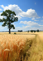 Golden Wheat Field with Solitary Green Tree Under Blue Sky with Puffy Clouds in Rural Landscape on Summer Day