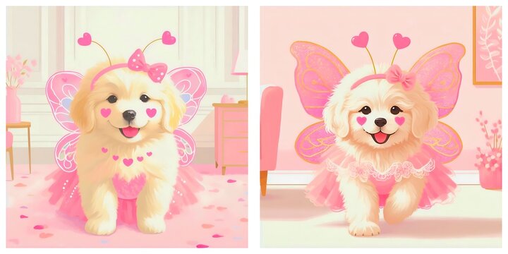 ゴールデンレトリバーの子犬がピンクの妖精コスプレドレスを着ているかわいいアートイラストセット