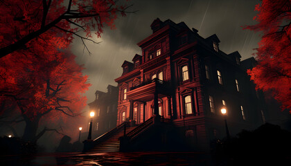 Grand Brick Mansion Surrounded by Red Trees at Night Under Dark Sky