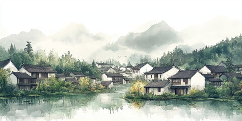 Naklejka premium Chinese traditional ancient architecture residential landscape art background 