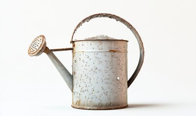 Rusty watering can filled with water droplets against white background; gardening, spring