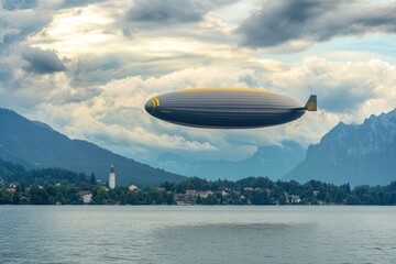 Fototapeta premium Soaring Above the Bodensee: Goodyear Blimp Zeppelin Gliding Over Germany and Austria