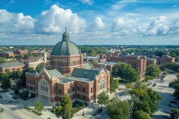 Obraz premium Aerial Perspective of Historic Downtown South Bend, Indiana: Afternoon Light on Iconic Brick Courthouse and Architectural Landmarks