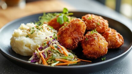 A plate of crispy fried chicken with mashed potatoes and gravy on a rustic table. Featuring indulgence and comfort