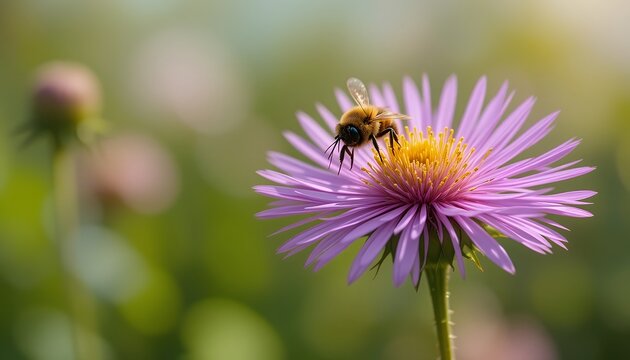 Bee on Purple Aster Flower Pollinating in the Garden Nature Scene