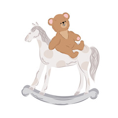 Cute teddy bear on a rocking horse. Children's vector illustration.