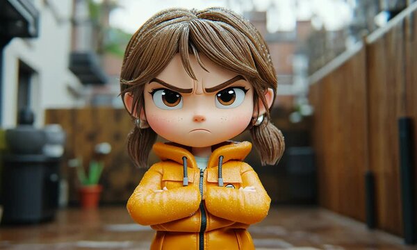Animated character girl showing anger with her arms crossed in a urban outdoor environment
