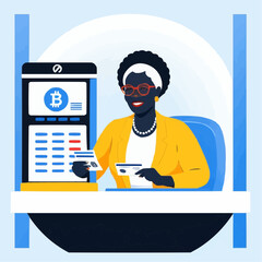African American woman using online banking service, digital finance vector illustration