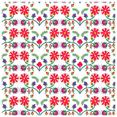 A vibrant floral pattern featuring red and purple flowers surrounded by colorful borders, set against a white background, it could be used as a wallpaper, fabric design, pillow cover and bag

