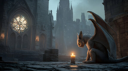Gargoyle Sitting by Candlelight in Snowy Gothic City at Night