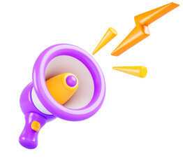 Megaphone, loudspeaker with lightning flash 3d render icon. Purple loud speaker, microphone isolated on background. Concept of announce, media news, communication, promotion campaign