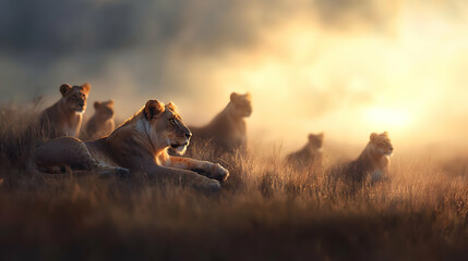 Majestic Lion Pride at Golden Hour in African Savanna
