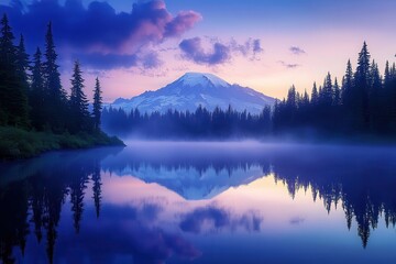 Fototapeta premium Serene Reflections of Mt Rainier at Dawn: A Colorful Calm with Early Morning Fog and Blue Skies Over a Lush Forest