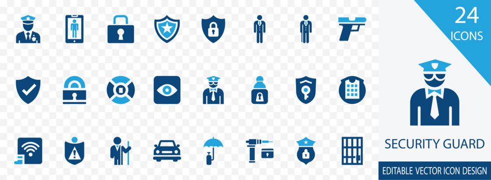 Security Guard vector icon set. containing Protection, Safety, Patrol, Officer, Camera, Secure and more icon collection  