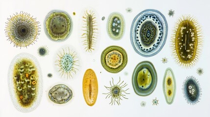 Types of protists swimming water digitally illustrated with microscopic accuracy isolated on a white background