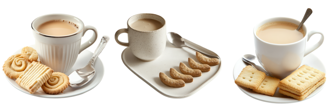 Triptych of teacups and assorted biscuits.
