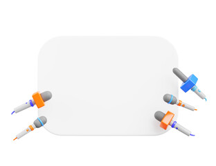 Tv news microphones and banner 3d render. Blank white board for text with reporter mic icons on blue background. Concept of media invitation, press release for conference or interview
