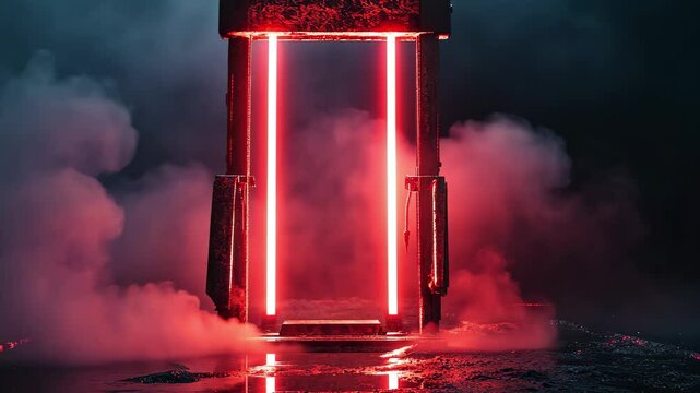 Dark eerie atmosphere features illuminated guillotine in misty surroundings at night, Dark, eerie scene featuring illuminated guillotine with red neon lights and surrounding mist