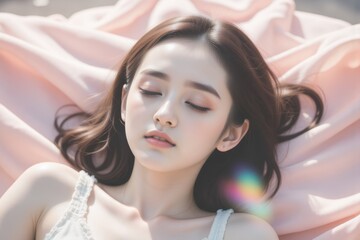 Fototapeta premium Dreamy Asian Woman Relaxing on Pink Fabric, Serene Beauty, Soft Light, Skin Care Concept
