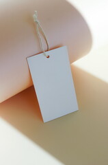 Cardboard tag, blank tag tied with string, space for text on abstract shadow beige background Price tag, gift tag, sale tag, address label .