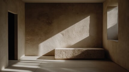Minimalist interior space bathed in sunlight.  A simple, light-filled room featuring a stone bench and natural light patterns