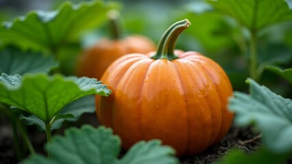 Small Orange Pumpkin Surrounded By Green Leaves
