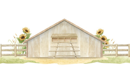 Farm chicken coop with roosting perch ladder and nesting boxes watercolor illustration isolated on white background. Wooden henhouse with countryside fence and sunflowers for poultry yard designs © Elena Malgina