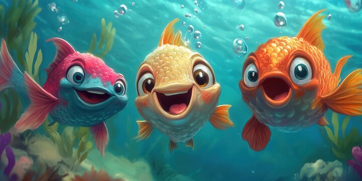 Joyful Aquatic Character: A Cartoon Talking Fish Swimming in Vibrant Underwater Scene
