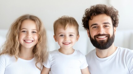 Fototapeta premium A happy family portrait shows a father with a beard and two smiling children. The girl has long blonde hair, and the boy has short light brown hair. They wear white shirts. The image is well-lit, hi