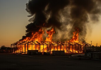 Intense house fire at dusk with billowing smoke and flames.