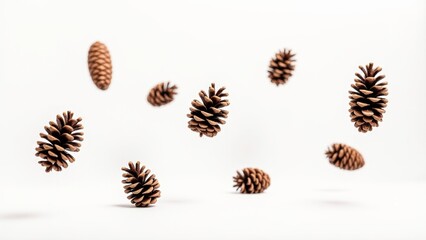 Floating Pine Cones Against White Background