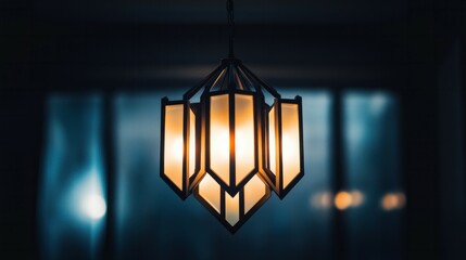 Elegant geometric pendant light illuminating dark room with soft glow.