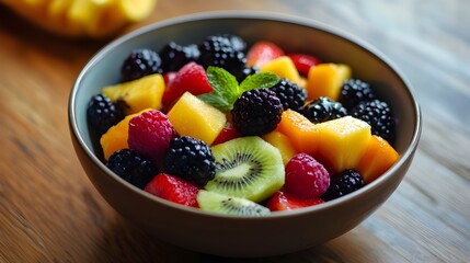 Fresh Mixed Fruit Salad with Kiwi and Berries
, A colorful bowl of fresh fruit salad featuring kiwi, blackberries, raspberries, and mango, perfect for a healthy snack or dessert.

