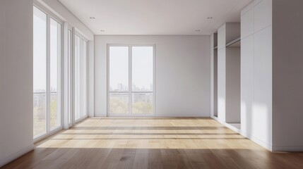 Obraz premium Minimalist Vacant Room. Sleek and Neutral Bedroom with Hardwood Floors and Large Window, Perfect for Virtual Staging