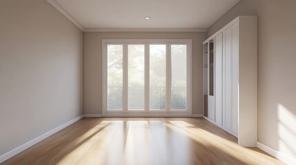 Fototapeta premium Spacious Empty Apartment: Modern Neutral Bedroom with Hardwood Floors and Natural Light
