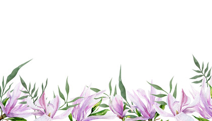 Watercolor illustration of magnolia frame. Botanical horizontal border of pink flowers and green leaves. Homedecor on isolated background. Drawing for photo wallpaper, scrapbooking.