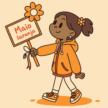 Child holding orange ribbon and flower for maio laranja campaign