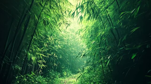 Explore the serene pathways of a green bamboo forest filled with lush vegetation in the jungle, deep forest of bamboo forest in the jungle green