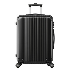 High-quality realistic illustration of a modern black hard-shell suitcase with vertical grooves, spinner wheels, and telescopic handle isolated on white background