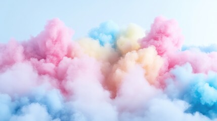 Fototapeta premium Pastel-colored clouds dominate the image, resembling cotton candy. The composition features soft, fluffy forms in pink, blue, and yellow. The high-quality image displays excellent resolution and sof