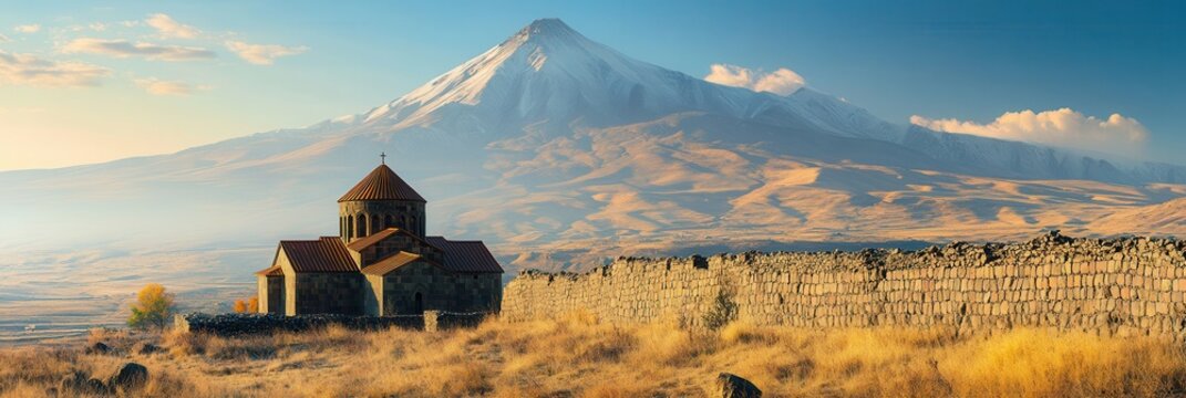 Khor Virap Monastery Framed by Majestic Mount Ararat in Armenia - A Long Banner of Medieval Heritage Against a Vast Sky