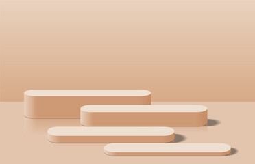 Four realistic cream brown 3d round podium pedestal. Minimal scene for product display presentation. Podium stage for product mockup. Vector geometric platform design. 3D vector rendering.